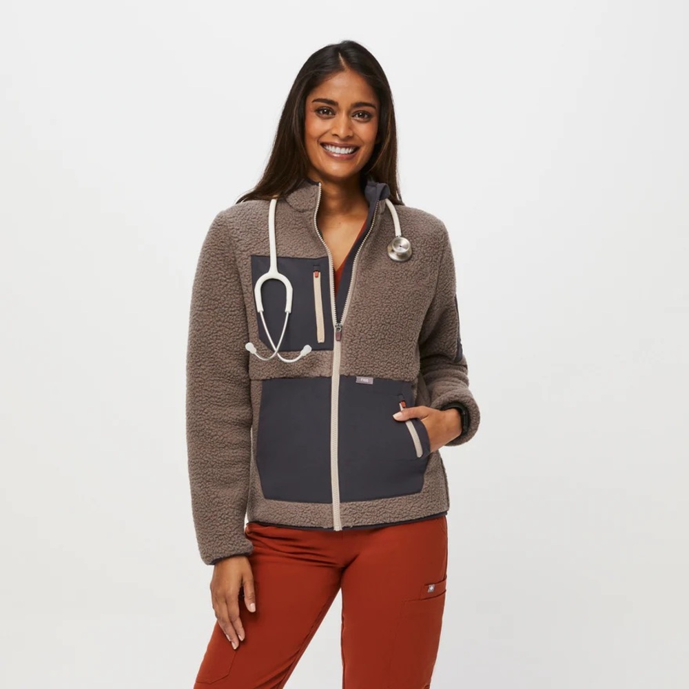 Brown and Gray Sherpa Zip-Up Jacket